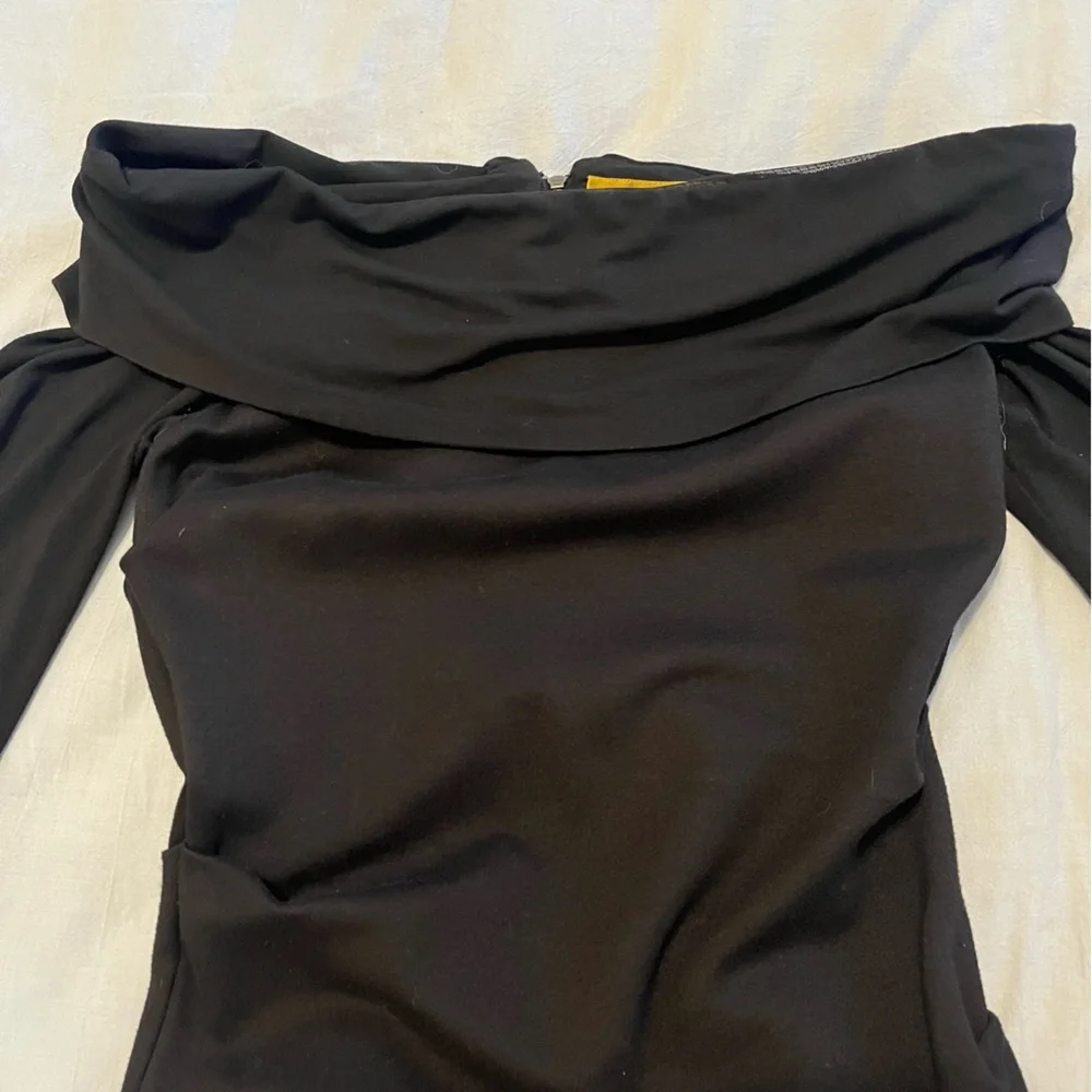 Nicole Miller Artelier Cali Ponte Dress Black Ruched Off-Shoulder Bodycon Med - Picture 3 of 14